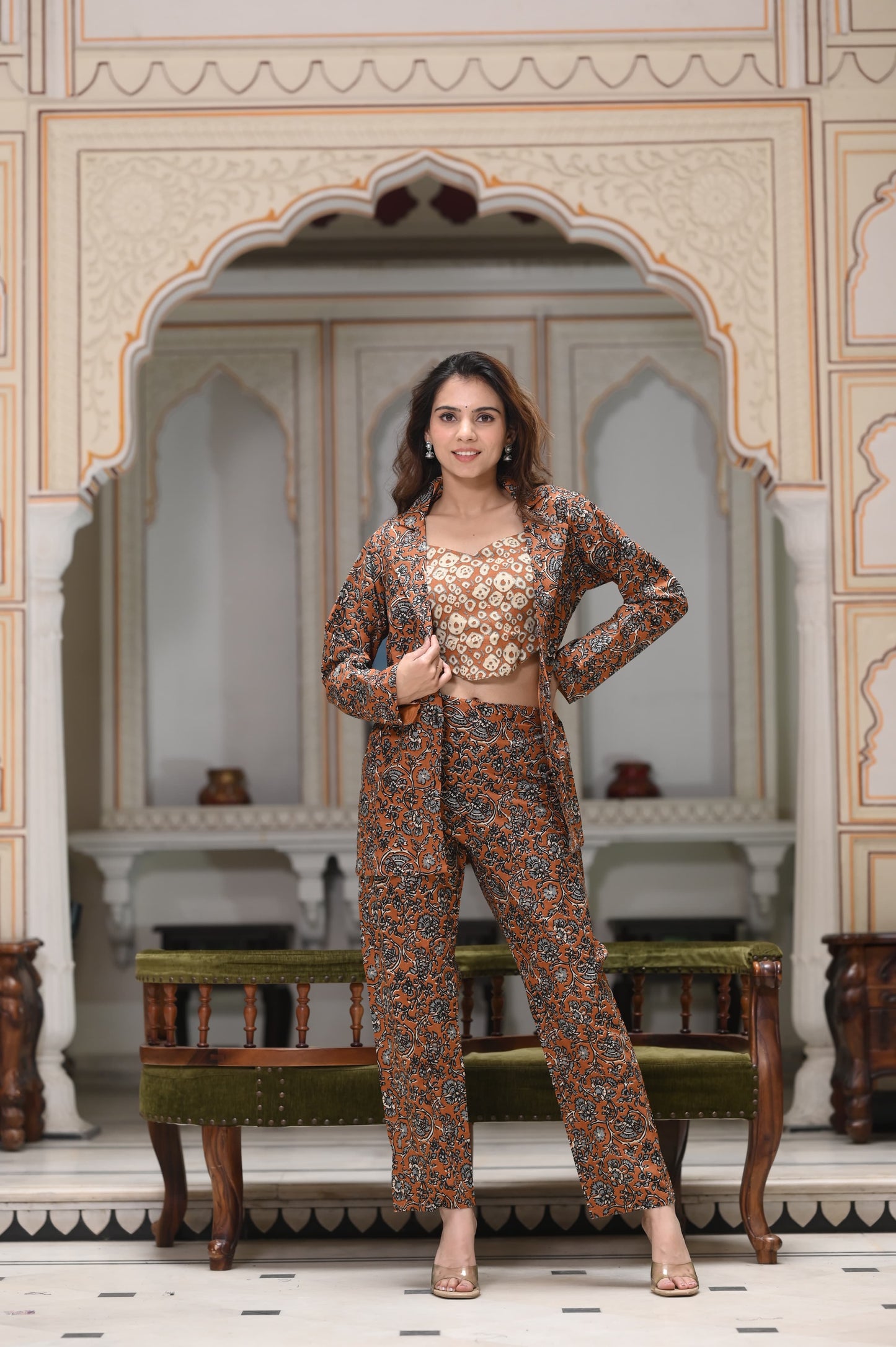 Ranga Chakra Floral Coat & Trousers Set For Women