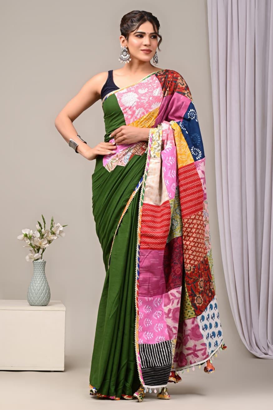 Olive Playful Mul Mul Cotton Sarees