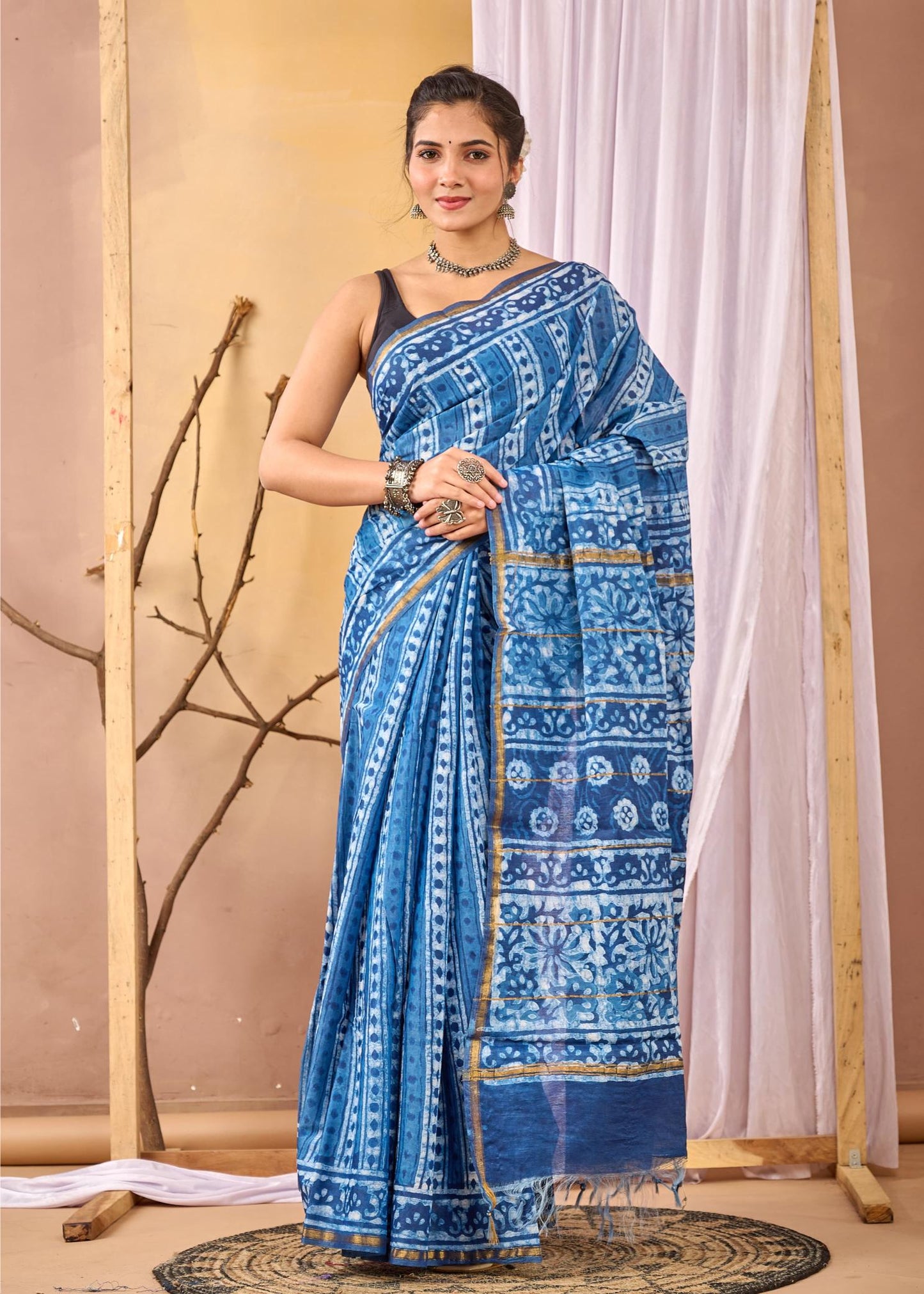 Striped Indigo Chanderi Silk Saree, Natural Chanderi Silk Saree, Indigo Chanderi Silk Saree, Indigo Sarees, Natural Indigo Sarees, Handmade Indigo Sarees, Block printed Indigo Sarees, asarees for Women