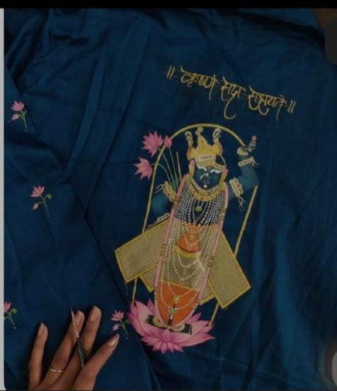 Shreenathji Handpainted Silk Kurta Navy blue