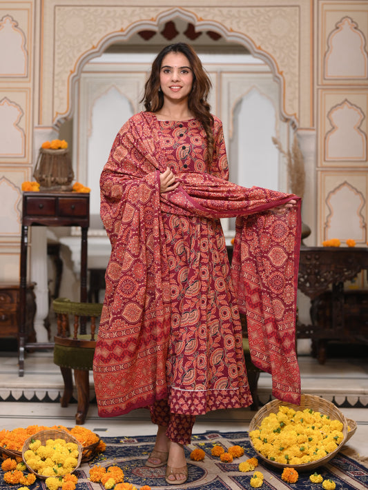 Brick red Ajrakh Mul Cotton Anarkali Suits