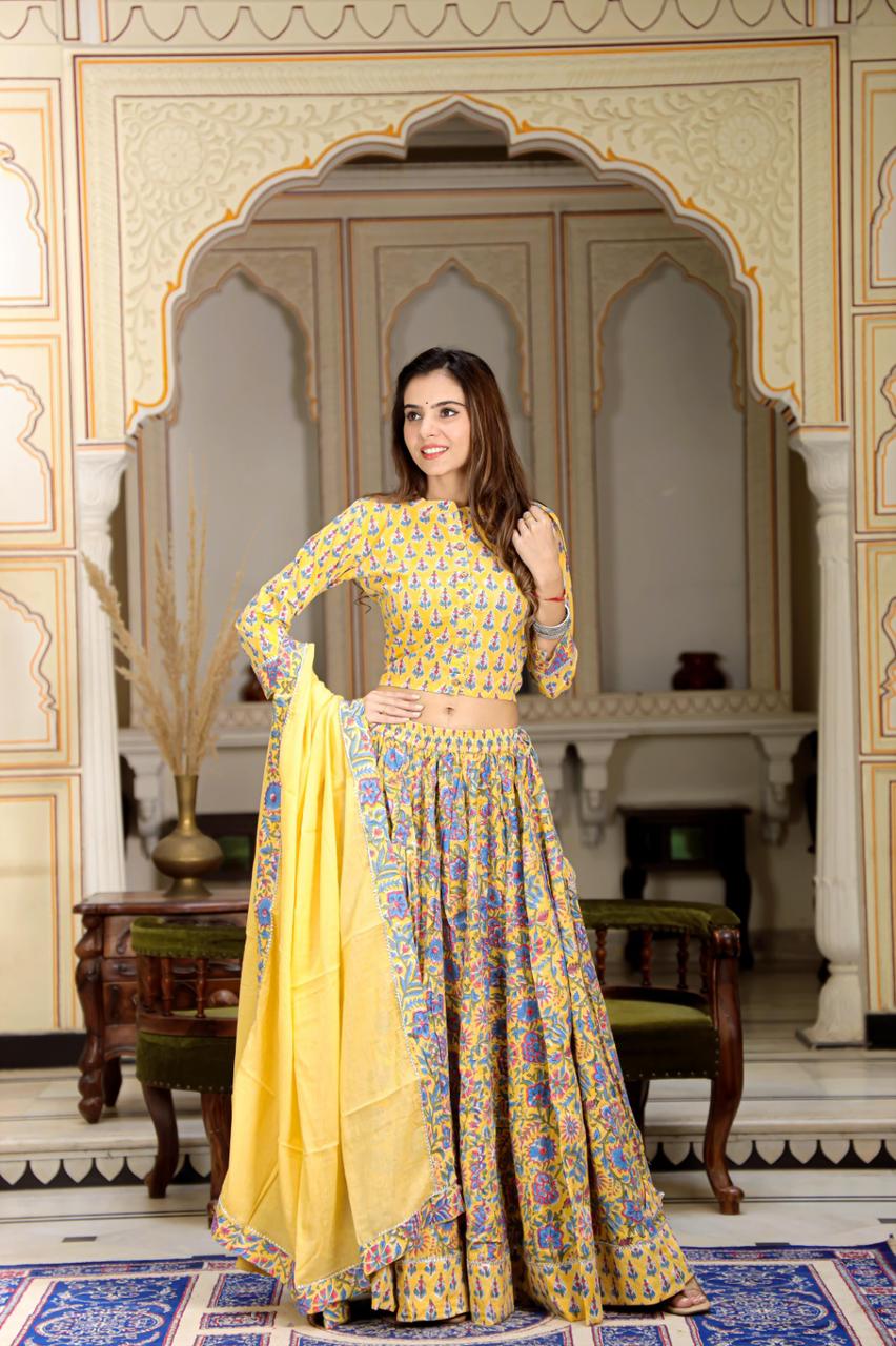 Pastel yellow Mul Cotton Lehenga Set