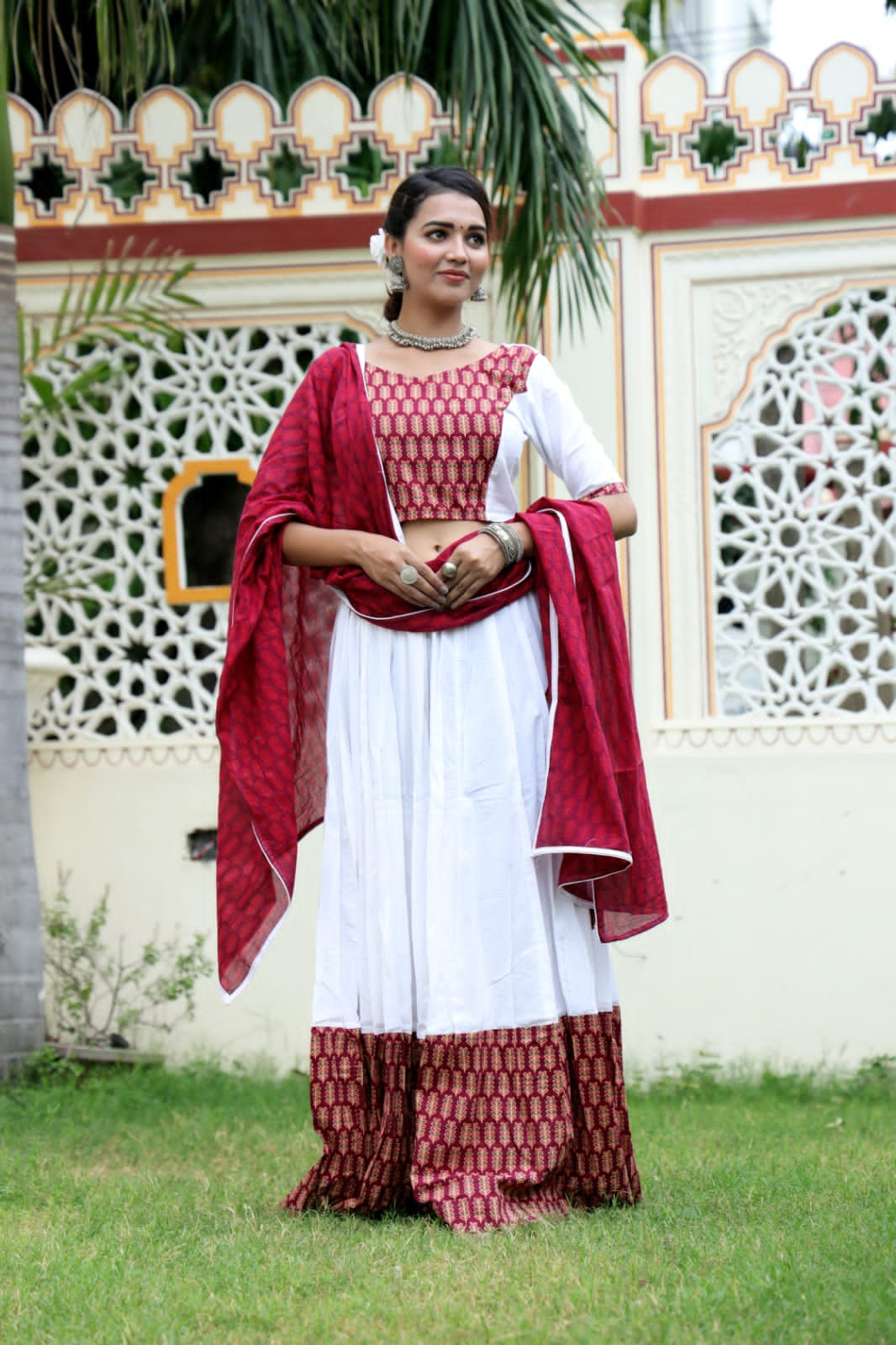 Mul Cotton Lehenga Set in Red and white combo