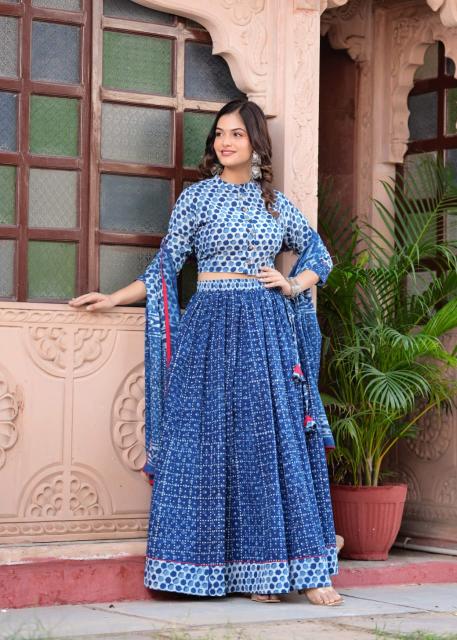 Navratri Mul Cotton Comfort Fit indigo Lehenga Set