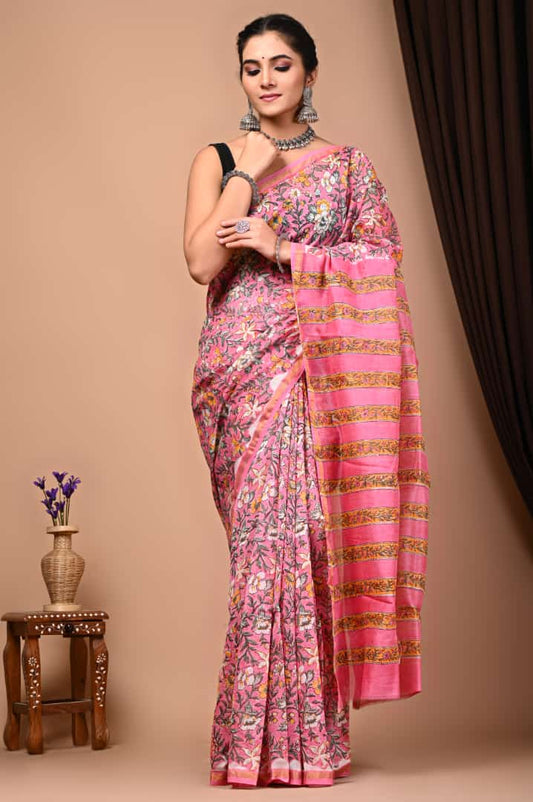 Jasmine block printed Chanderi Silk saree