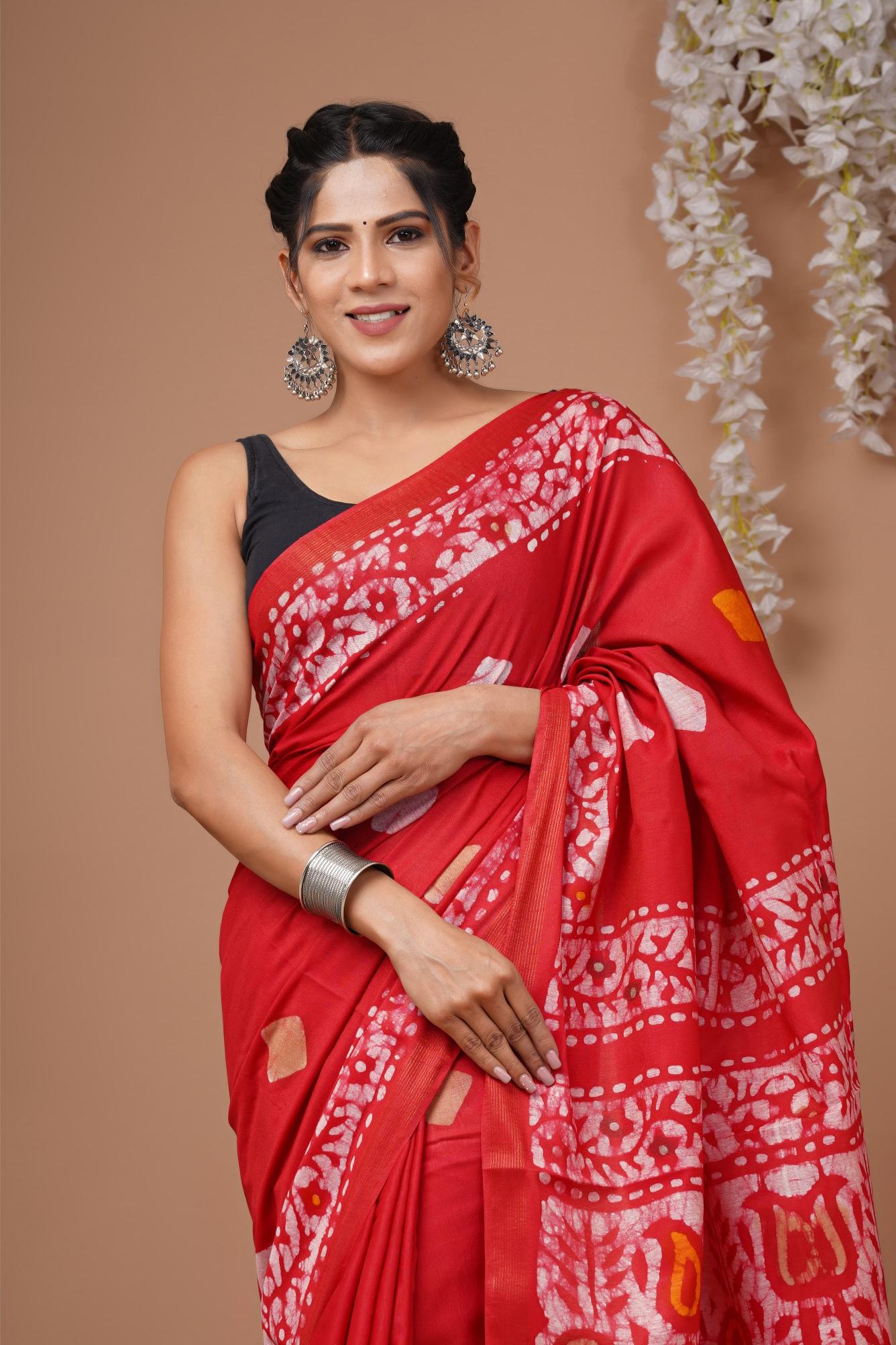 Shibori crimson Red Cotton Silk saree