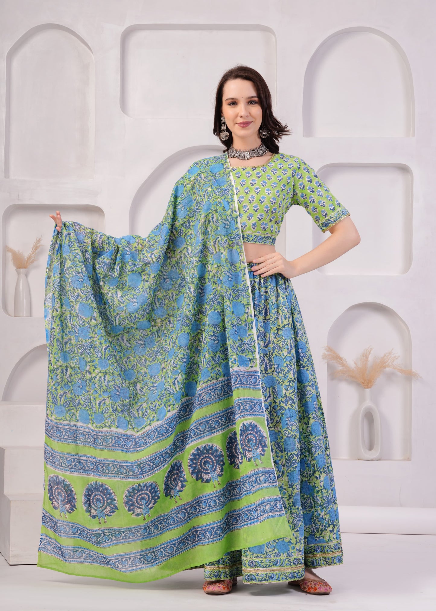 Hydrangea green Mul Cotton Lehenga Set