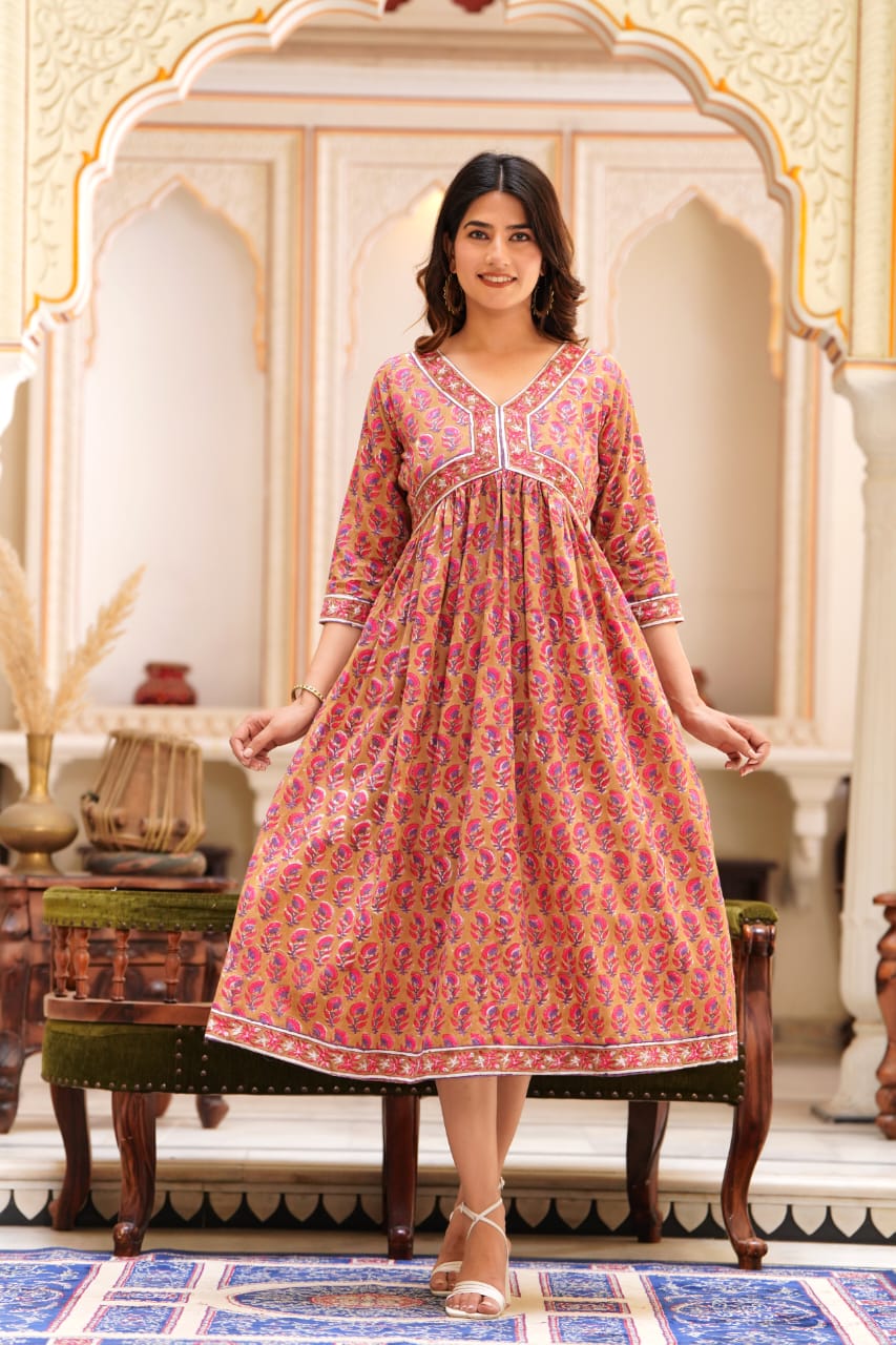 Marigold Pink print Mul Cotton Dress