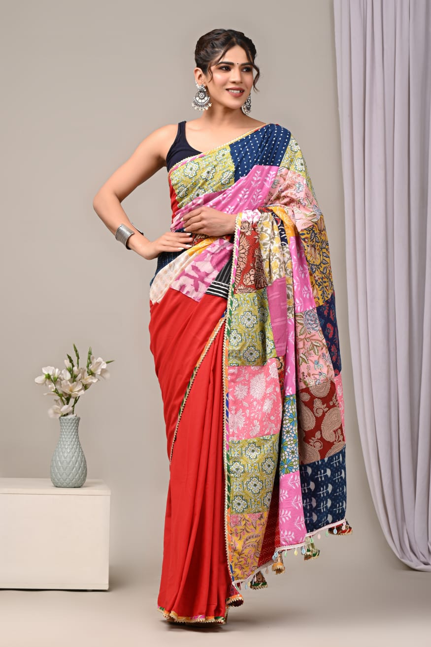 Playful Red Mul Mul Cotton Sarees