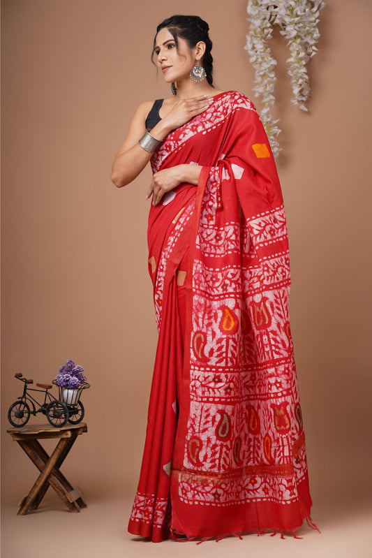 Shibori crimson Red Cotton Silk saree