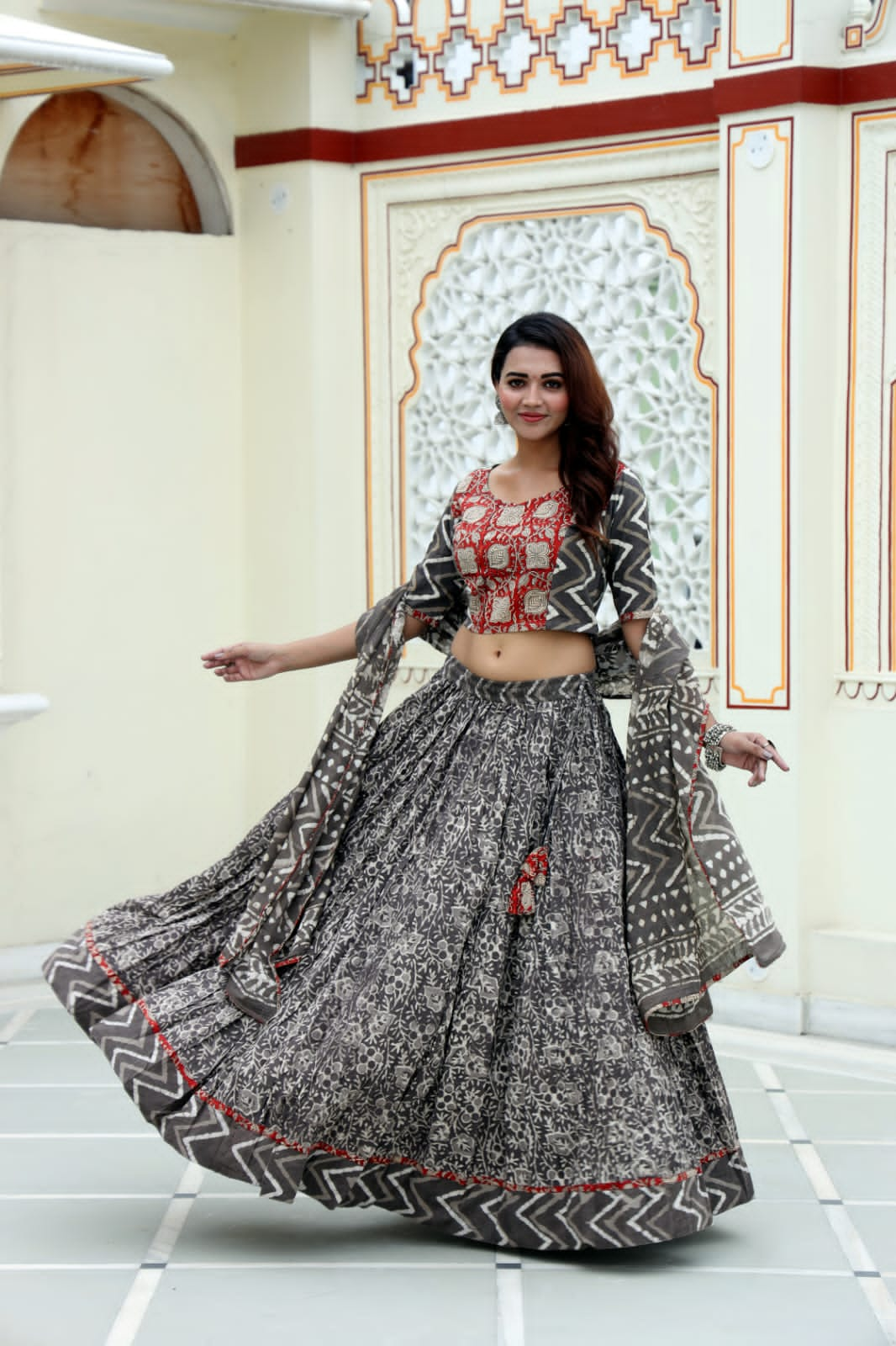 Grey block printed Mul Cotton Lehenga Set