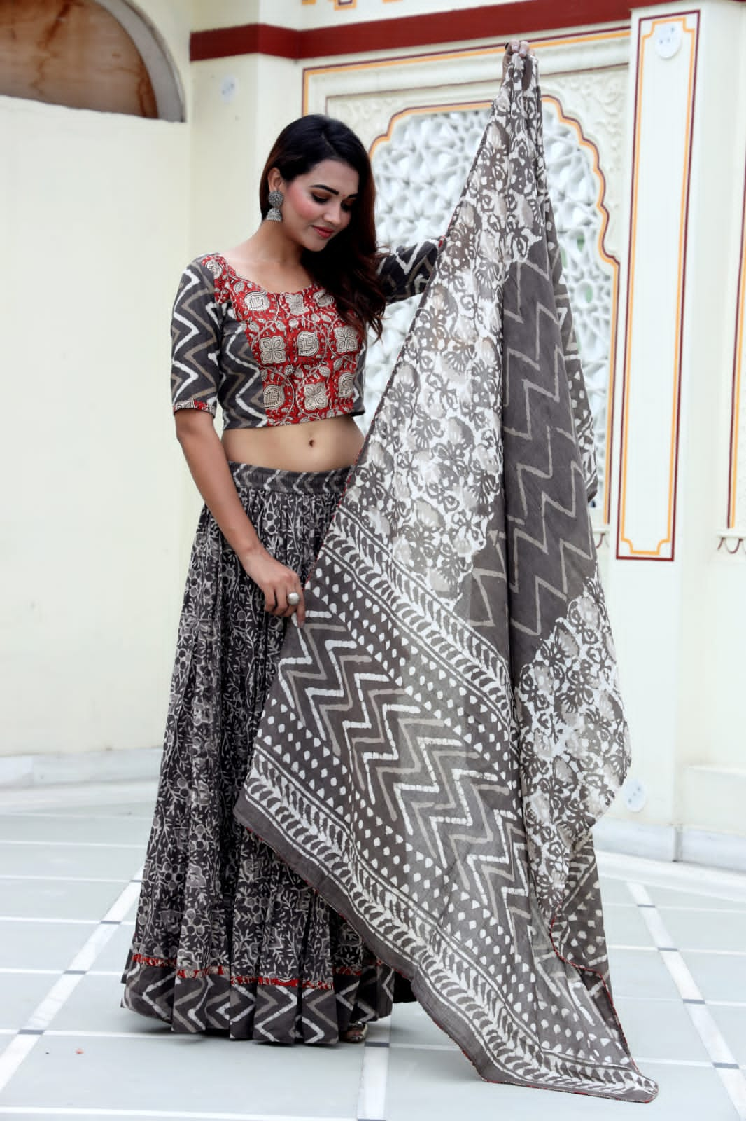 Grey block printed Mul Cotton Lehenga Set