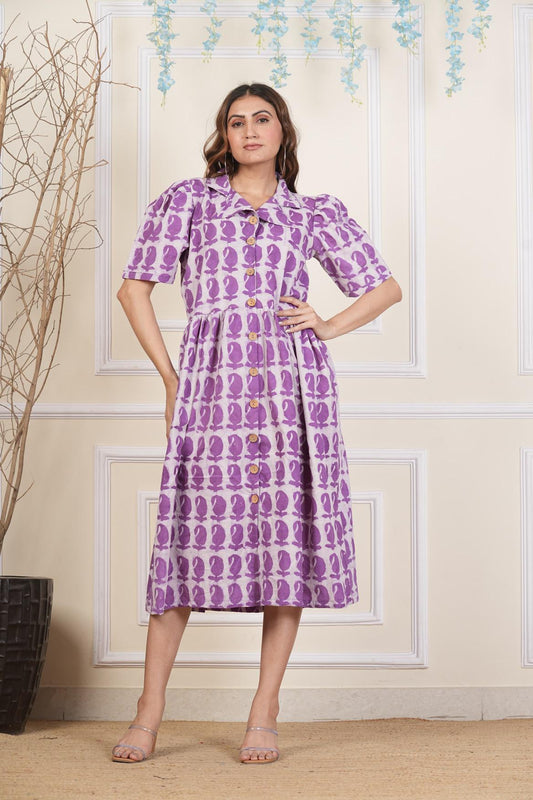 Purple Paisley Cotton dress,Feather prints, Pure cotton Dress, sustainable dresses, Hand loom dresses, Indigo dresses, Block printed Dress, Monson Dresses, Gerua dress, , feather printed Dress, Puffed sleeve dress, Matte Red cotton dress, Orange dress, Pocket dress, One piece Dress,  Cotton Dress,  Collar dress,, Summer dress, , Kalamkari Dress