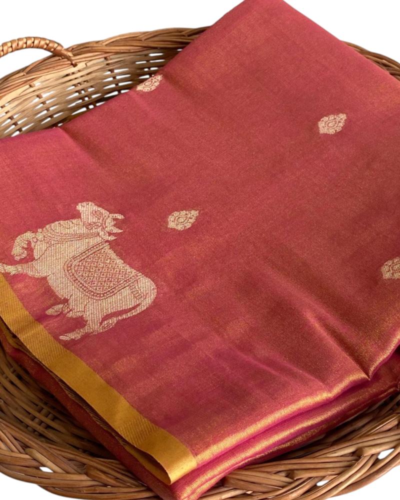Pink Gold Tissue Silk saree Pichwai Weave, Metallic Tissue Silk saree, Copper saree. Pink GOLD SILK SAREE