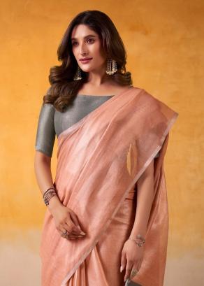 Peach Silk Saree, Peach Tissue Silk saree, Durga puja Silk sarees, Handloom Tissue Silk saree, Salmon Peach saree, Ranga Chakra Saree
