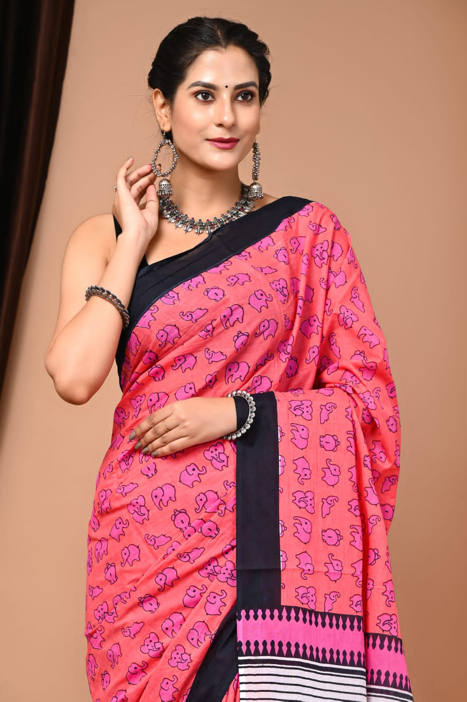 Peach Mul Cotton saree 