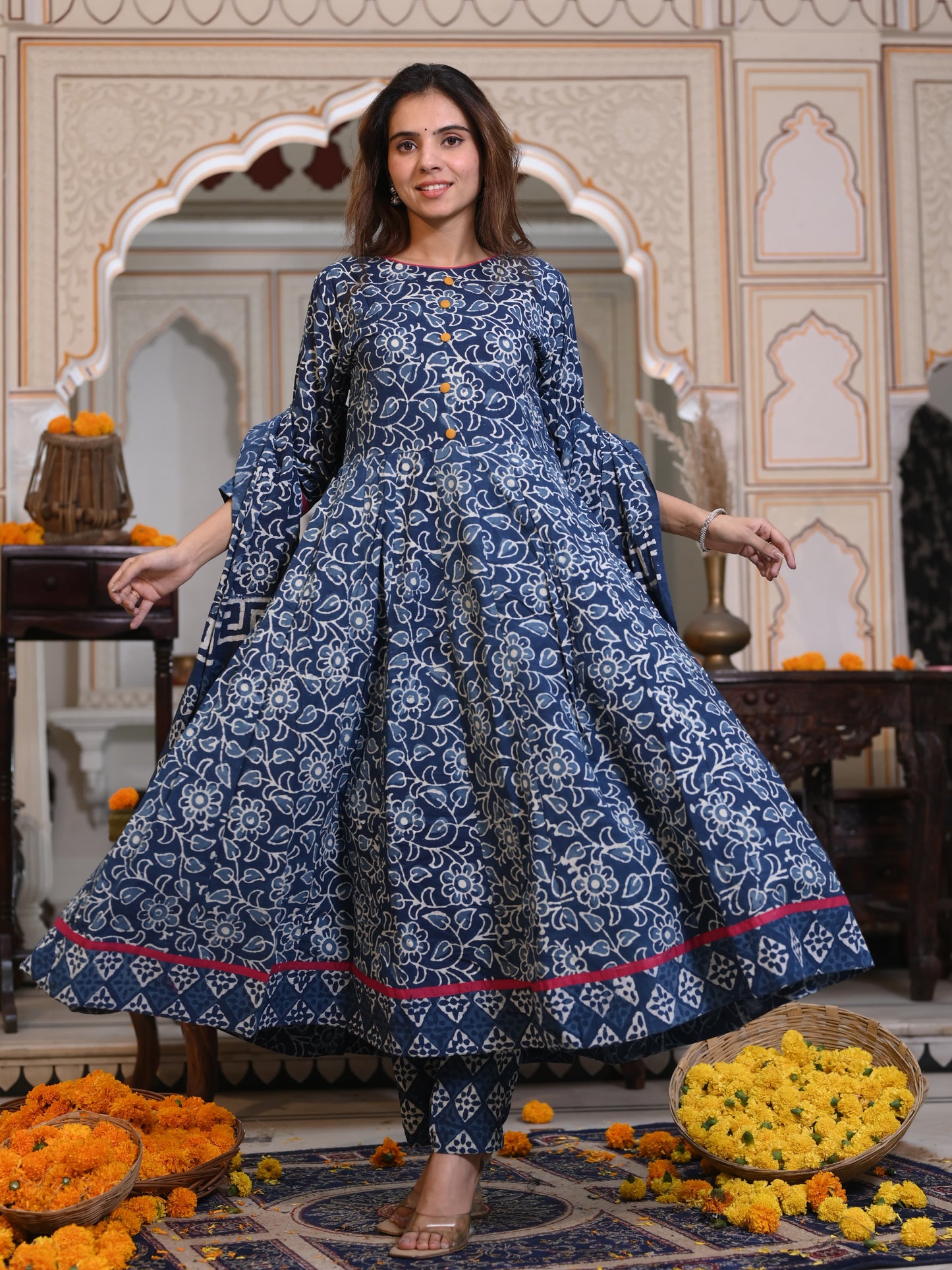 Indigo Ajrakh Mul Cotton Anarkali Suits