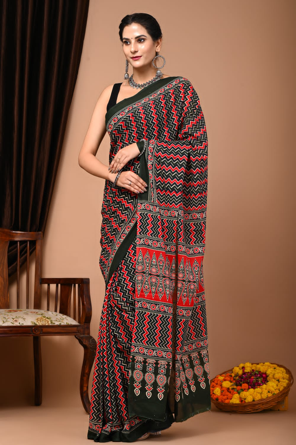 Chevron Mul Mul Cotton saree