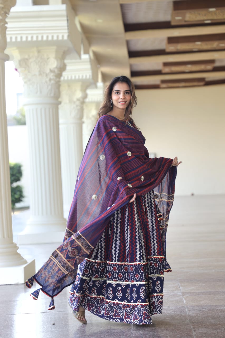 Merlot Mul Cotton Lehenga Set with Block prints