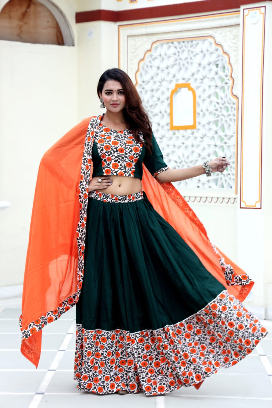 Mul Cotton Lehenga Set in Green Orange combo