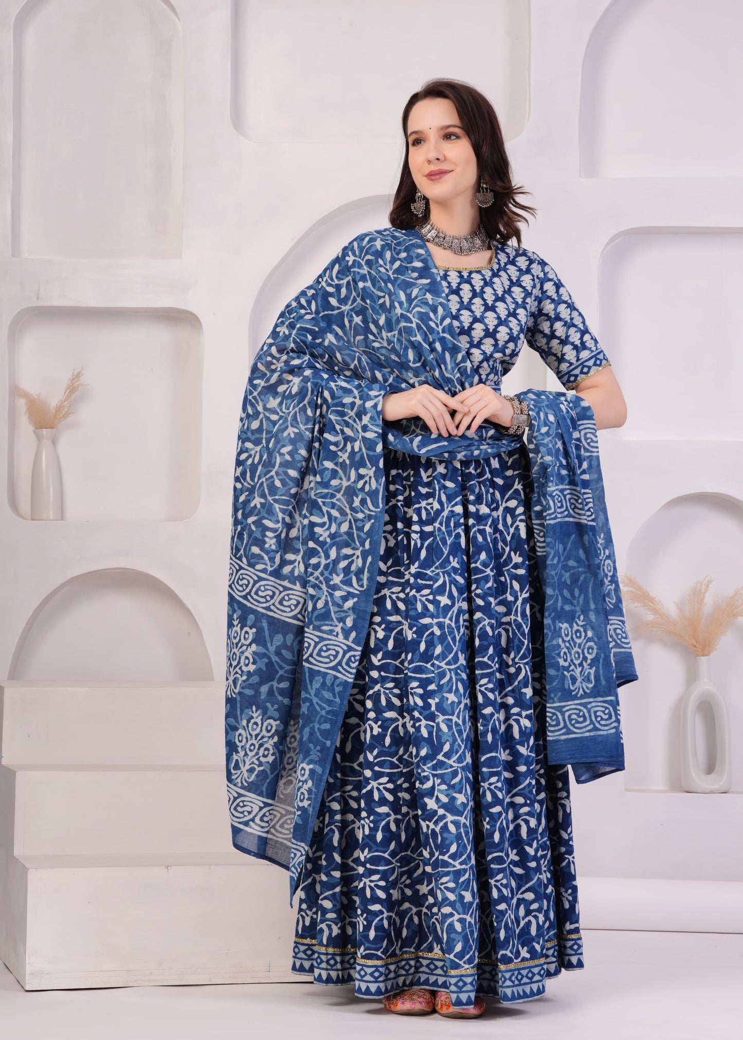 Indigo block printed Mul Cotton Lehenga Set