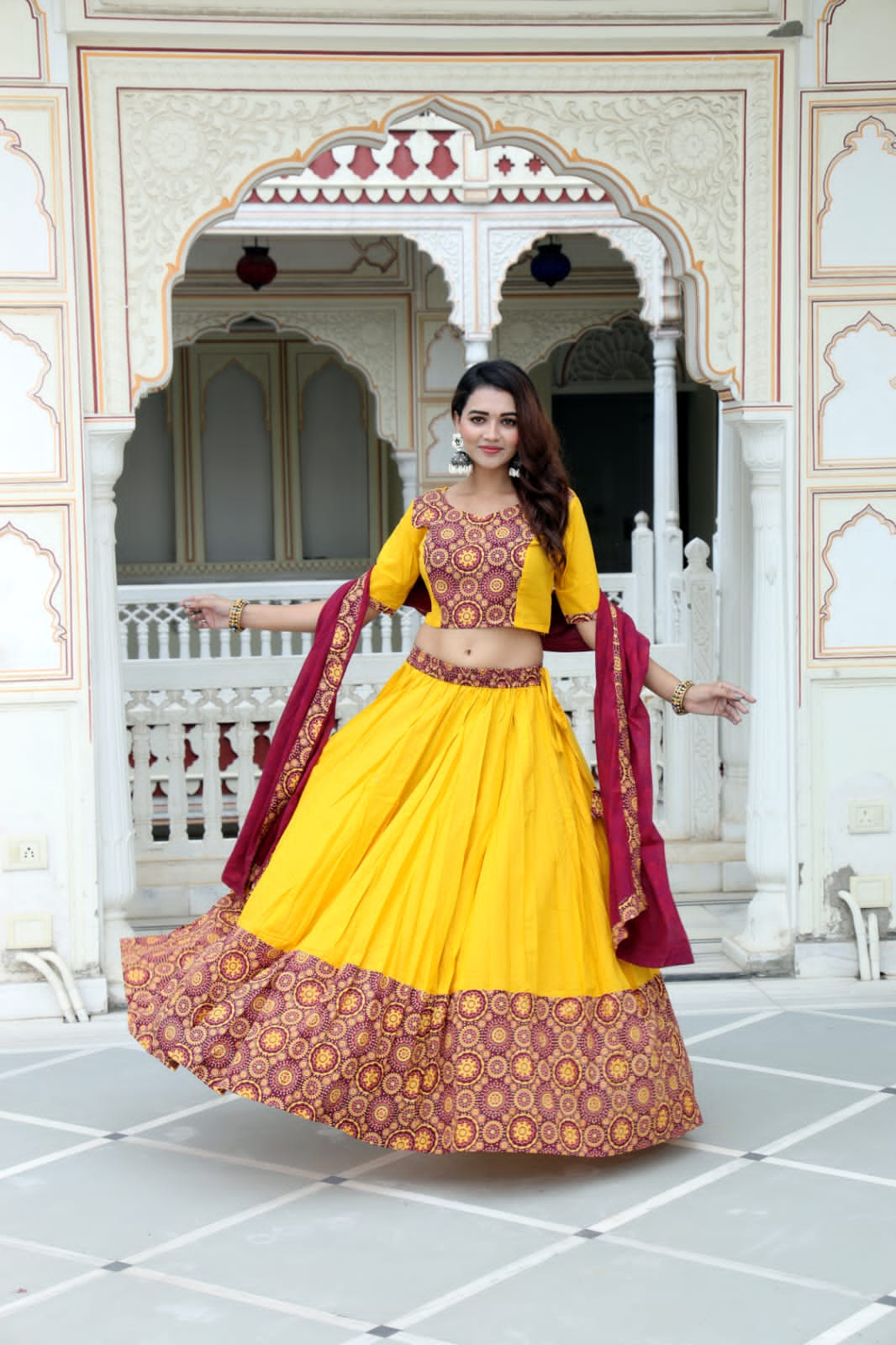 Yellow Red Mul Cotton Lehenga Set