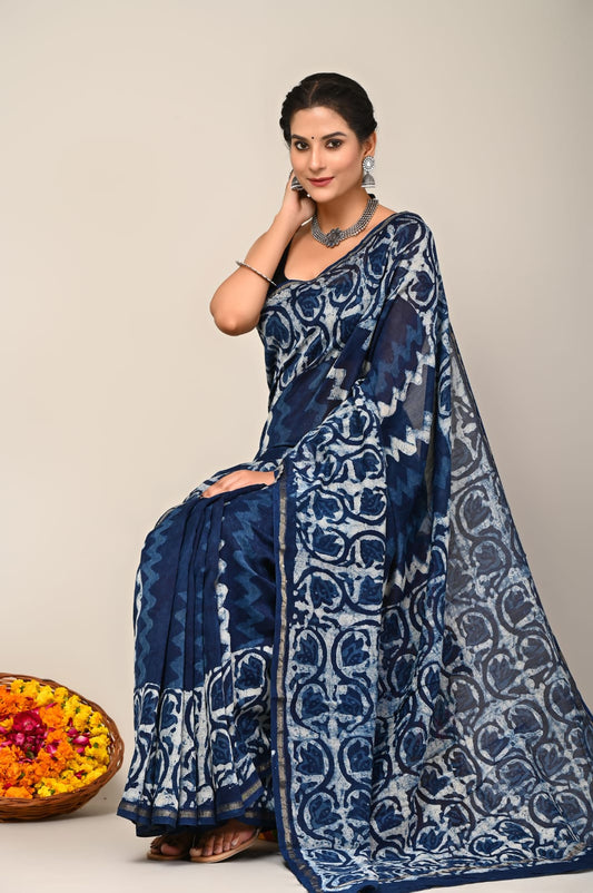 Indigo Block Chanderi Silk saree