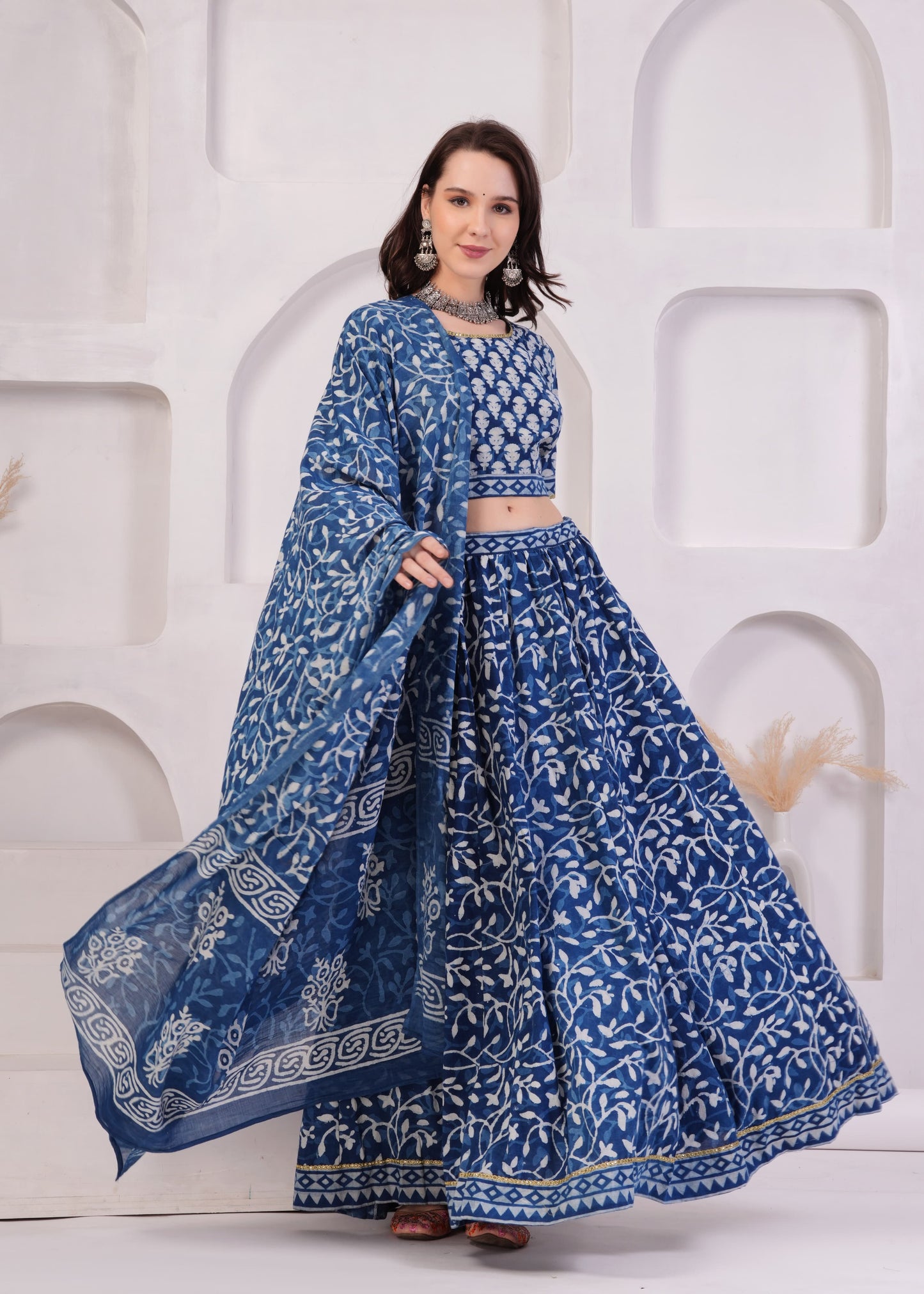 Indigo block printed Mul Cotton Lehenga Set