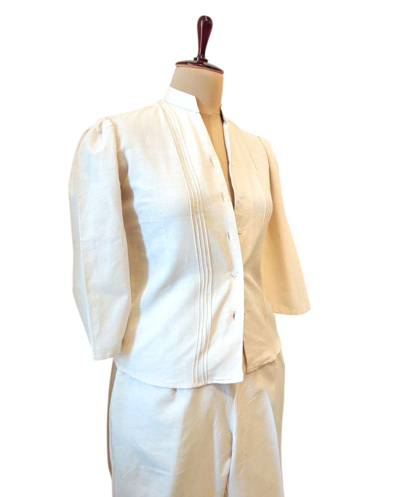 Off White Organic Cotton Puffed Sleeves Shirt and Pant Co-ord Set for Women