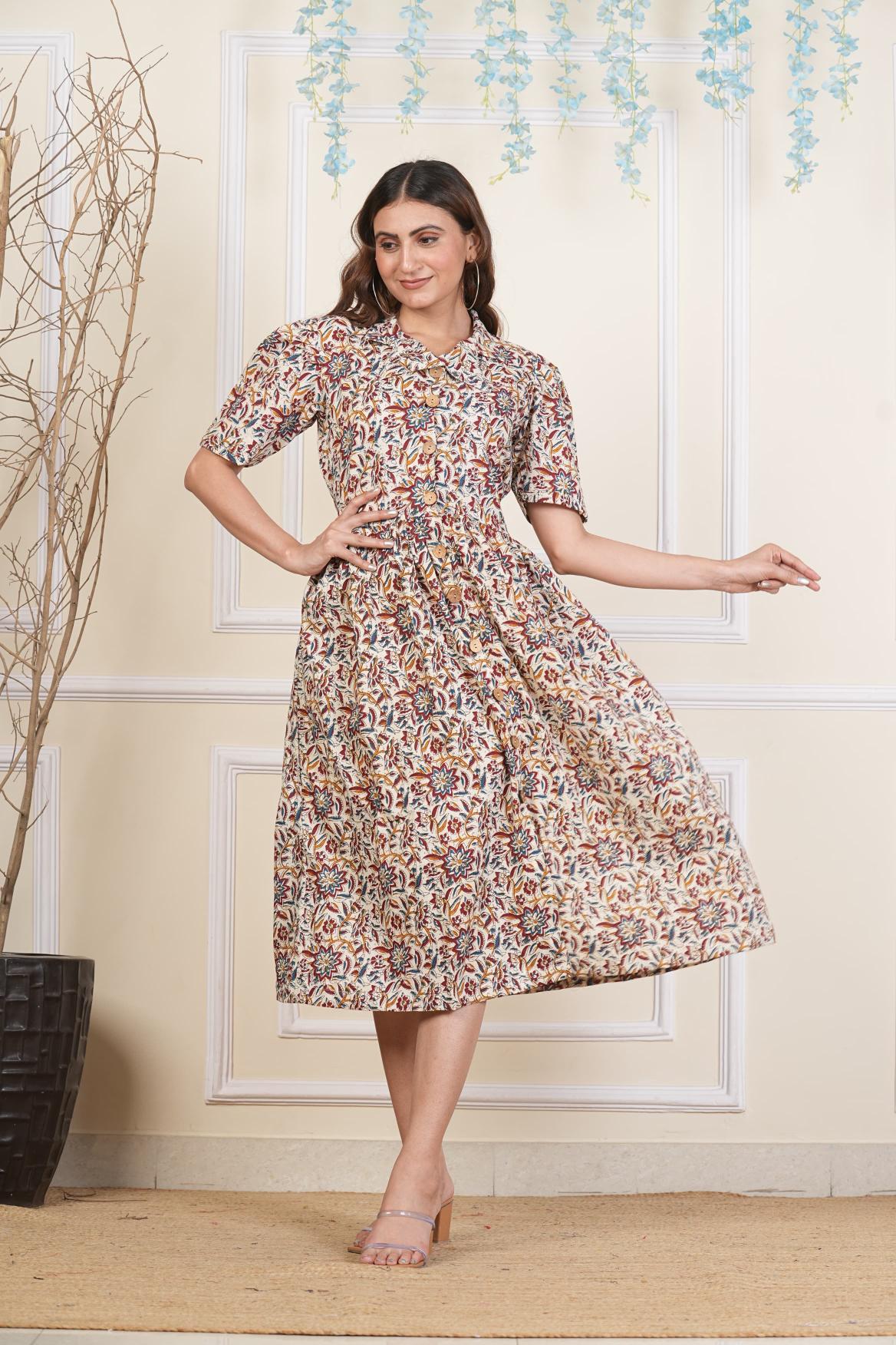 Beige Floral printed Cotton dress, Pure cotton Dress, sustainable dresses, Hand loom dresses, Indigo dresses, Block printed Dress, Monson Dresses, Gerua dress, Rui Fish dress, Fish printed Dress, Puffed sleeve dress, Matte Red cotton dress, Orange dress, Pocket dress, One piece Dress,  Cotton Dress,  Collar dress,, Summer dress, , Kalamkari Dress