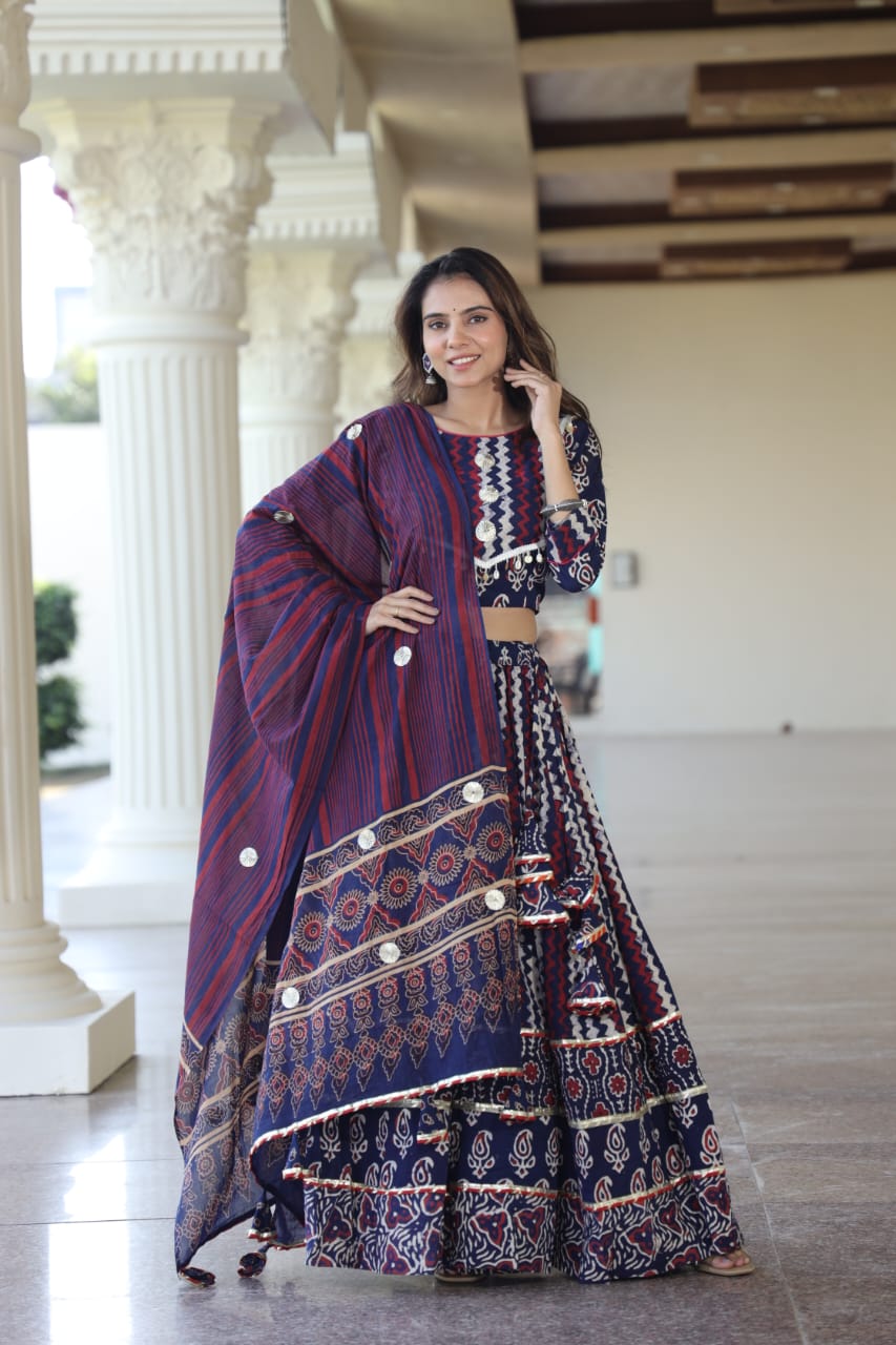 Merlot Mul Cotton Lehenga Set with Block prints