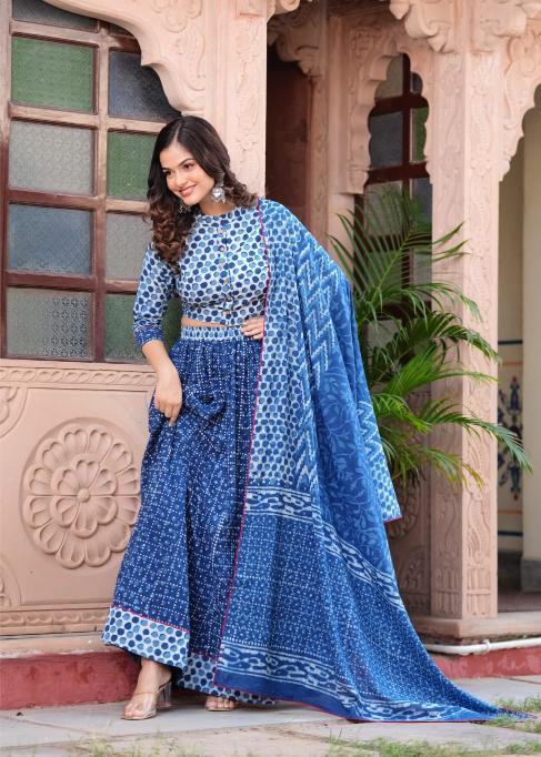 Navratri Mul Cotton Comfort Fit indigo Lehenga Set