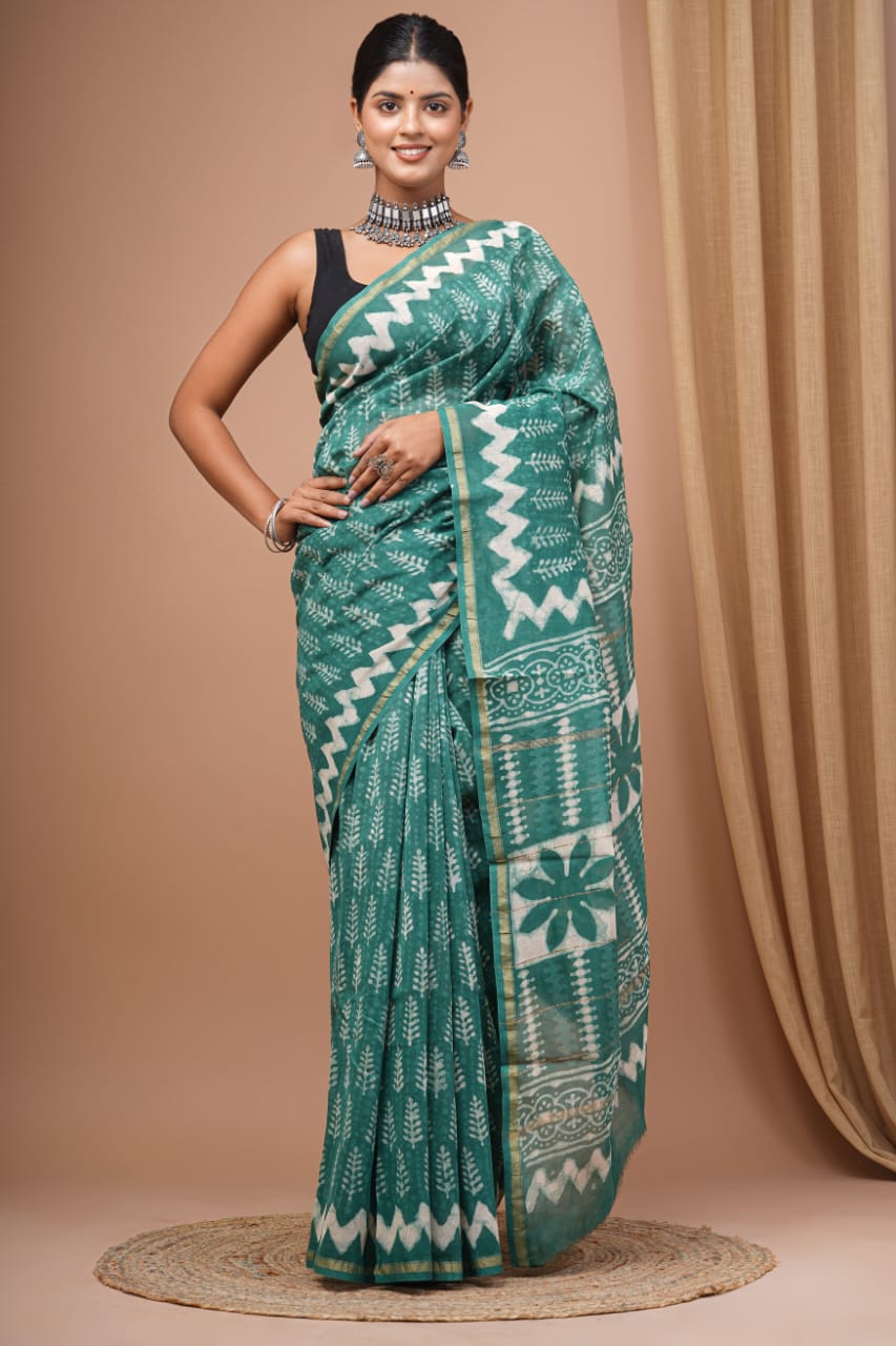 Floral bright block printed Chanderi Silk saree