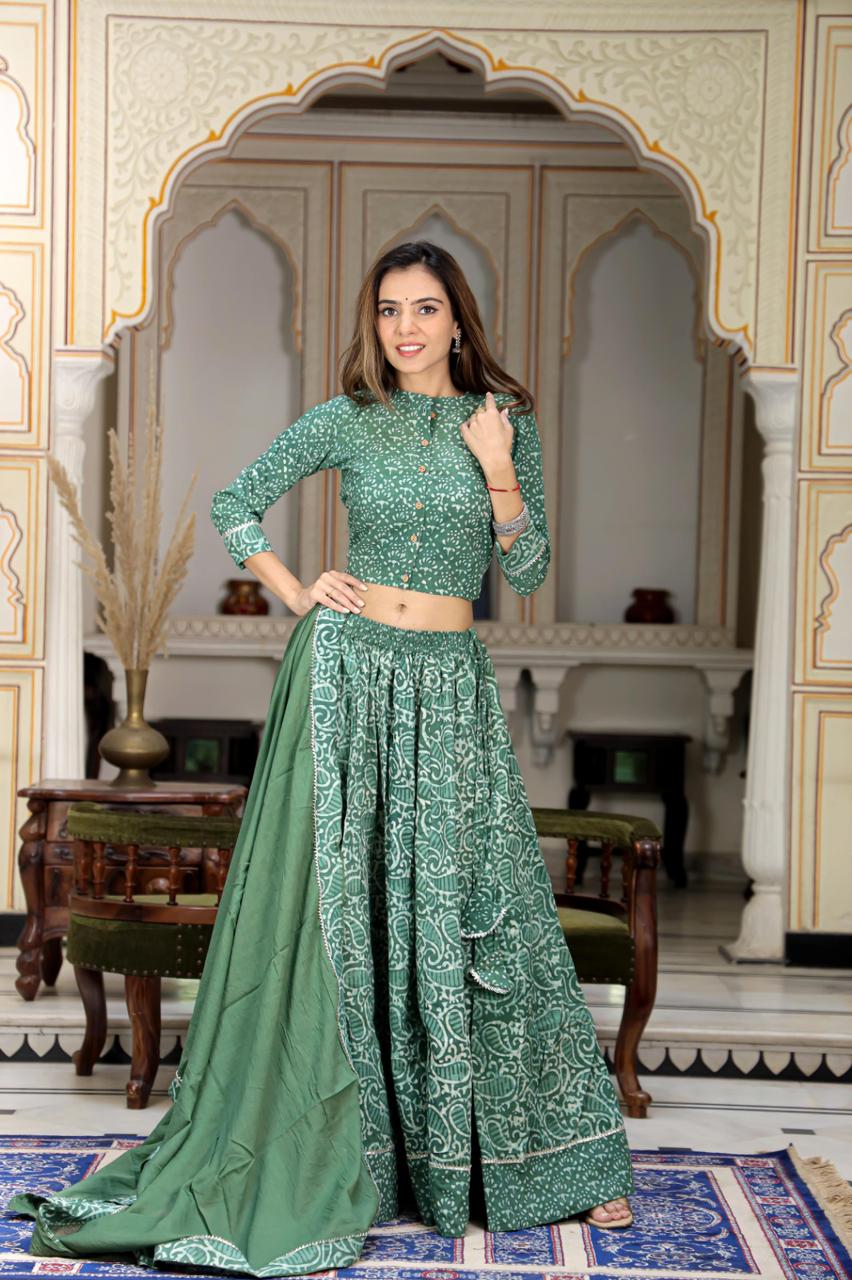 Forest green Mul Cotton Lehenga Set