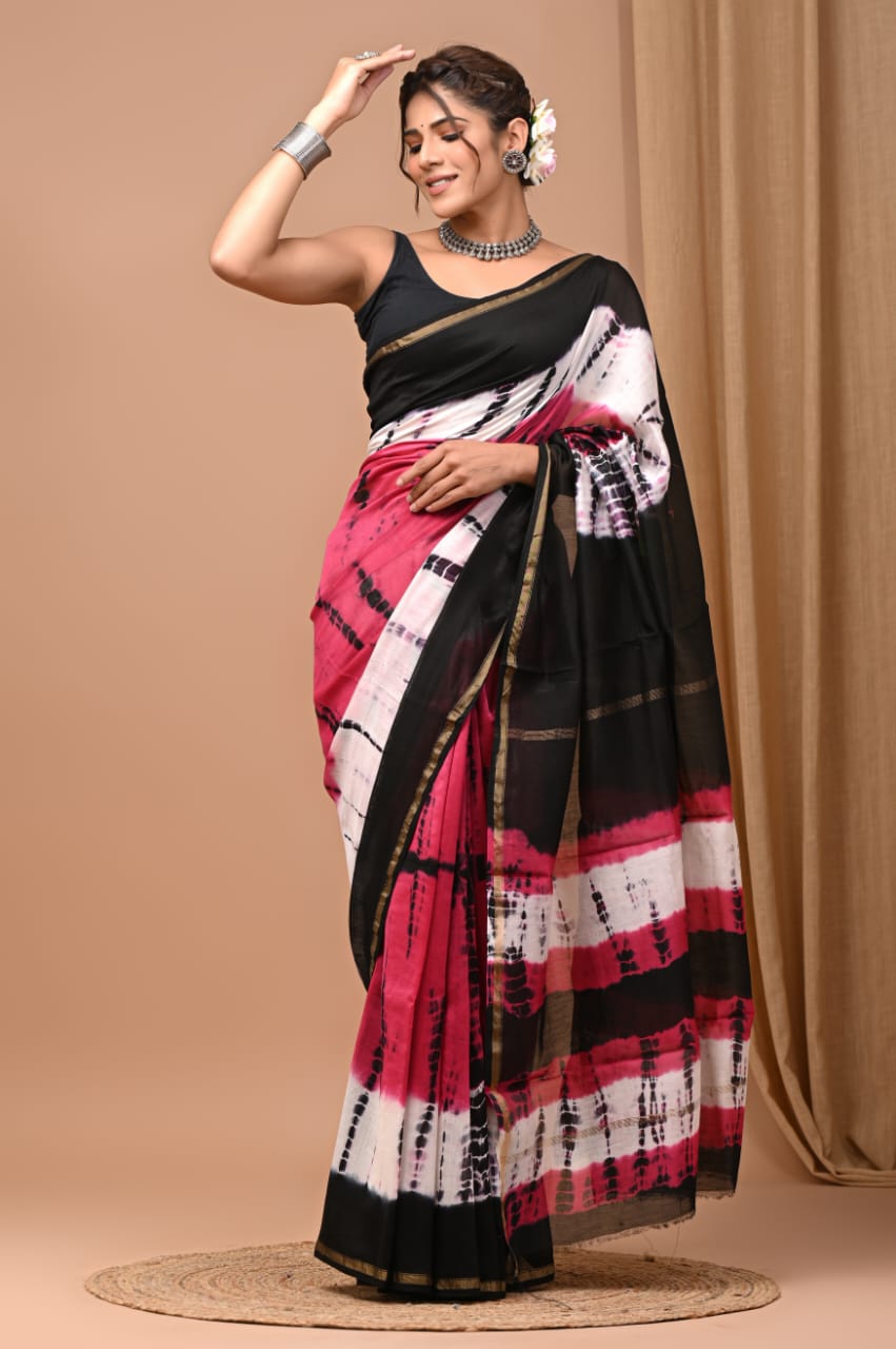 Floral bright block printed Chanderi Silk saree