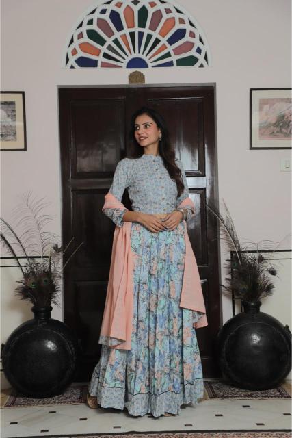 Lehenga Set For Navratri,  Cotton Lehenga set,  Mul Cotton Lehenga,  Festive Special outfit,  Lehenga , Pastel blue Lehenga 
