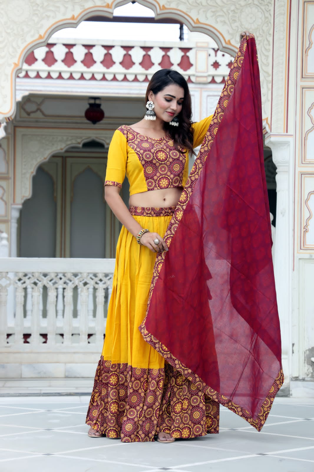 Yellow Red Mul Cotton Lehenga Set