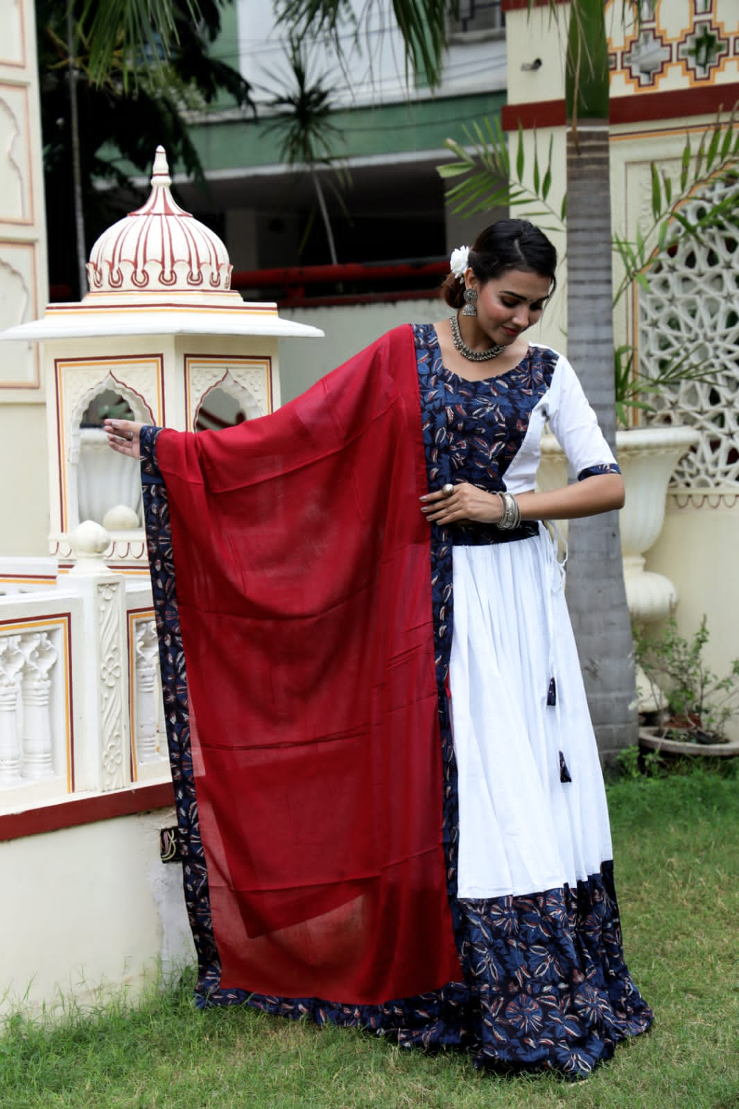 Mul Cotton Lehenga Set in white and blue combo