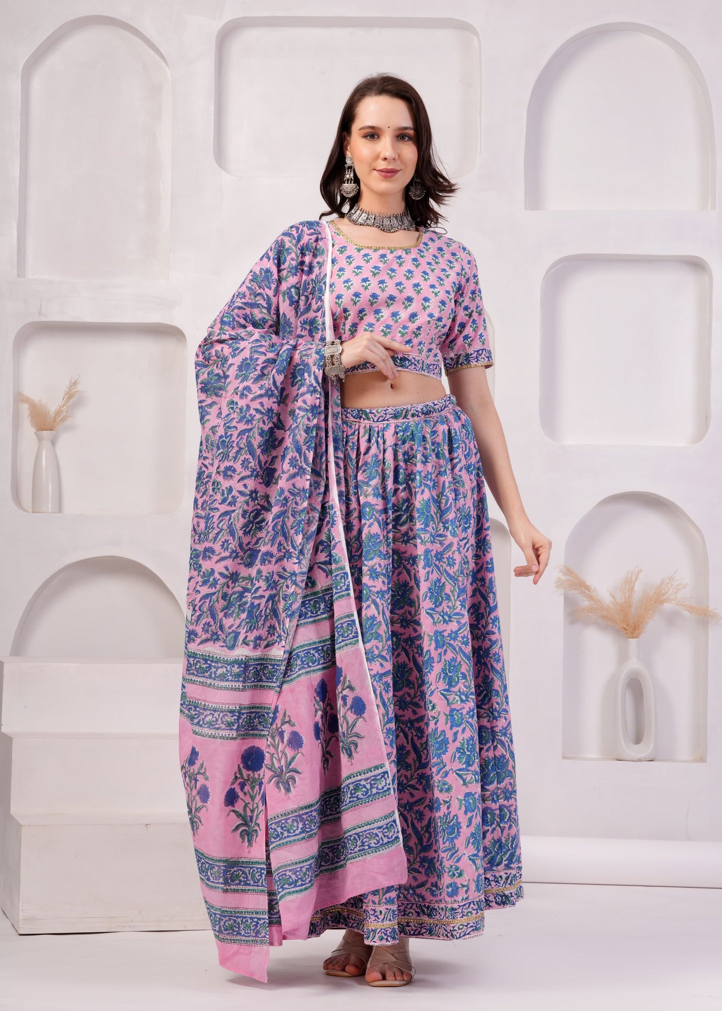 Hydrangea pink Cotton Lehenga Set