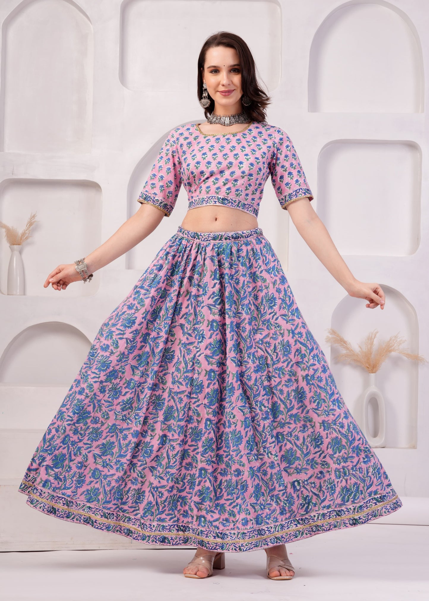 Hydrangea pink Cotton Lehenga Set