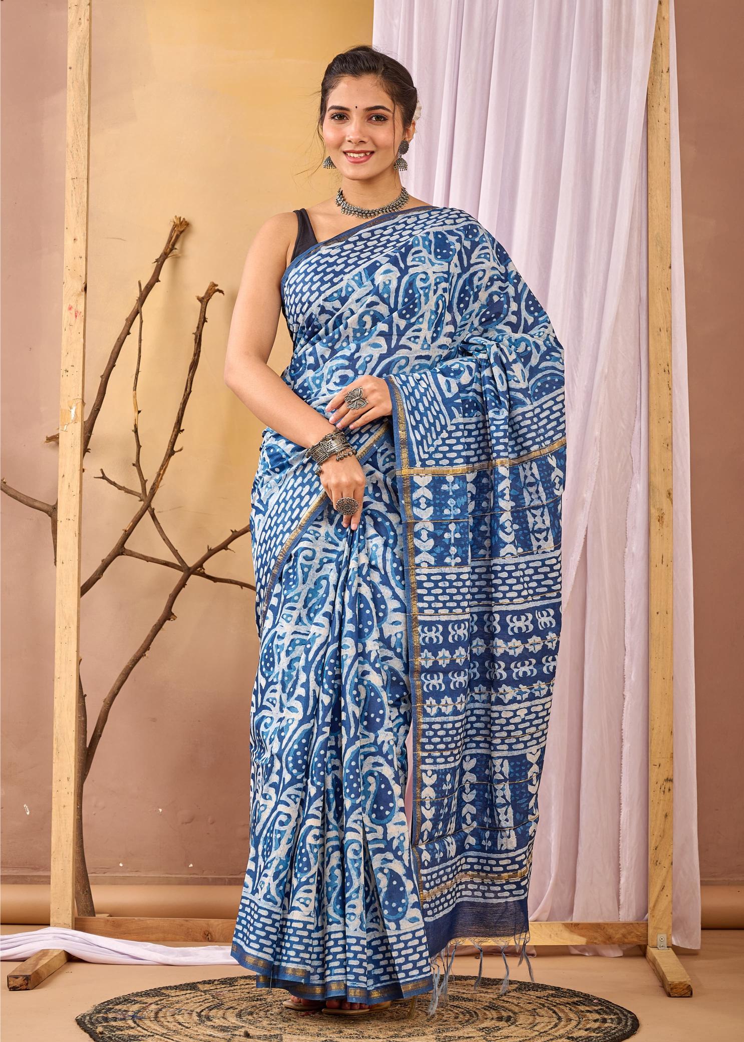 Paisley Indigo Chanderi Silk Saree, Natural Chanderi Silk Saree, Indigo Chanderi Silk Saree, Indigo Sarees, Natural Indigo Sarees, Handmade Indigo Sarees, Block printed Indigo Sarees, asarees for Women