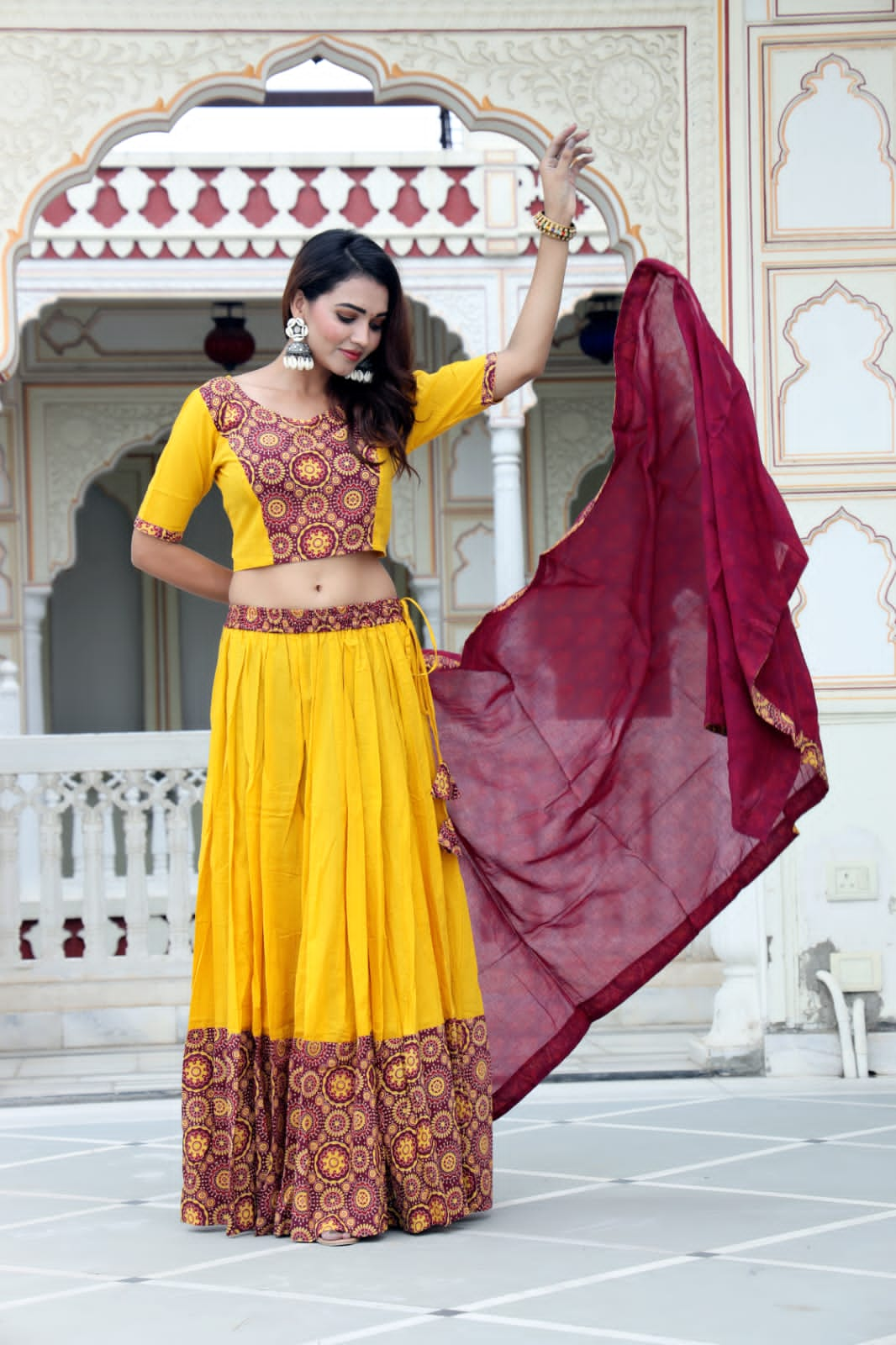 Yellow Red Mul Cotton Lehenga Set