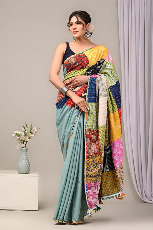 Muted teal Playful Mul Mul Cotton Sarees