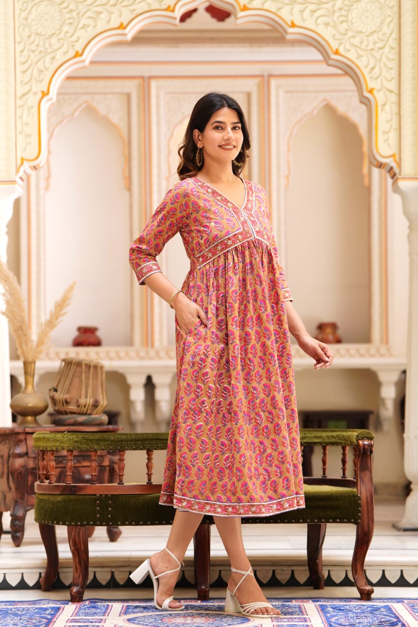 Marigold Pink print Mul Cotton Dress