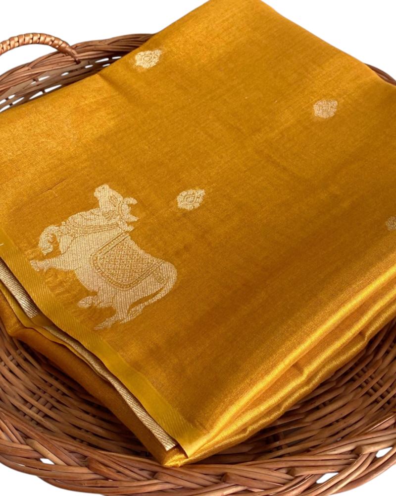 Yellow Gold Tissue Silk Pichwai Weave Saree , Haldi Ceremony Saree, Tissue Silk saree, Gaye Holud saree