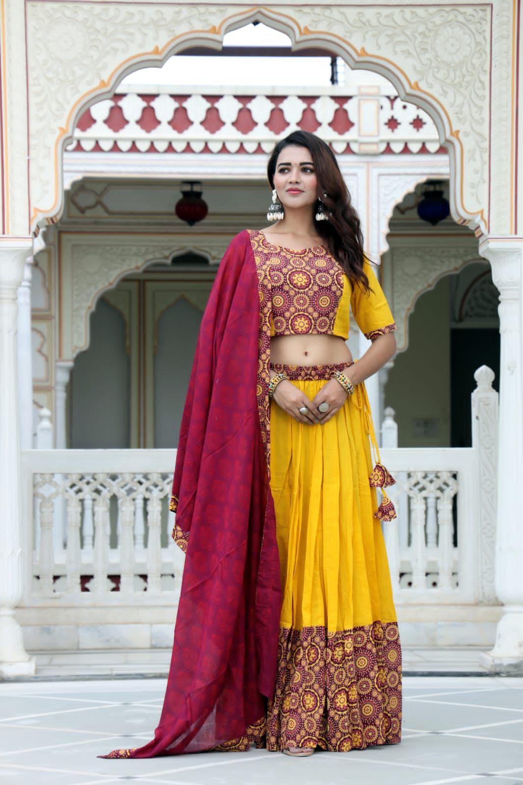 Yellow Red Mul Cotton Lehenga Set