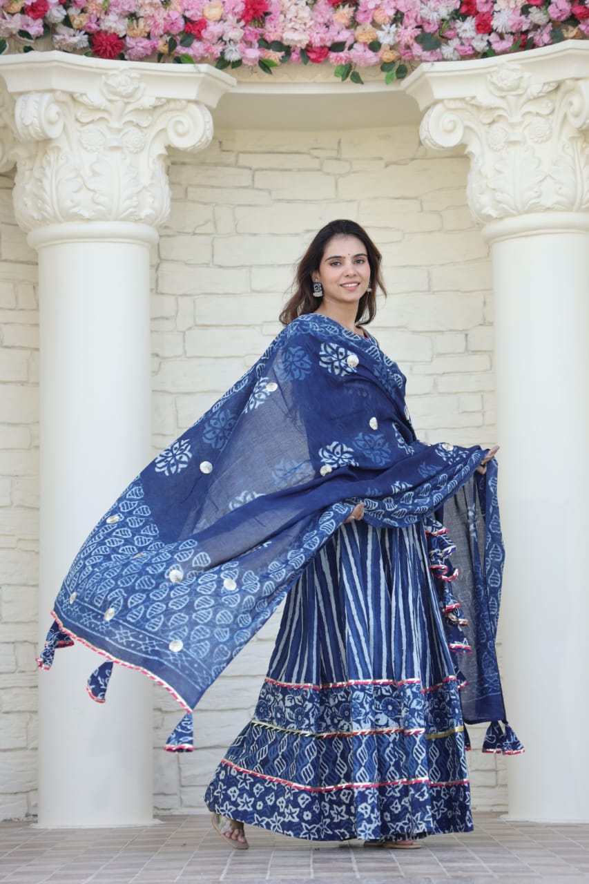 Indigo Striped Mul Cotton Lehenga set 