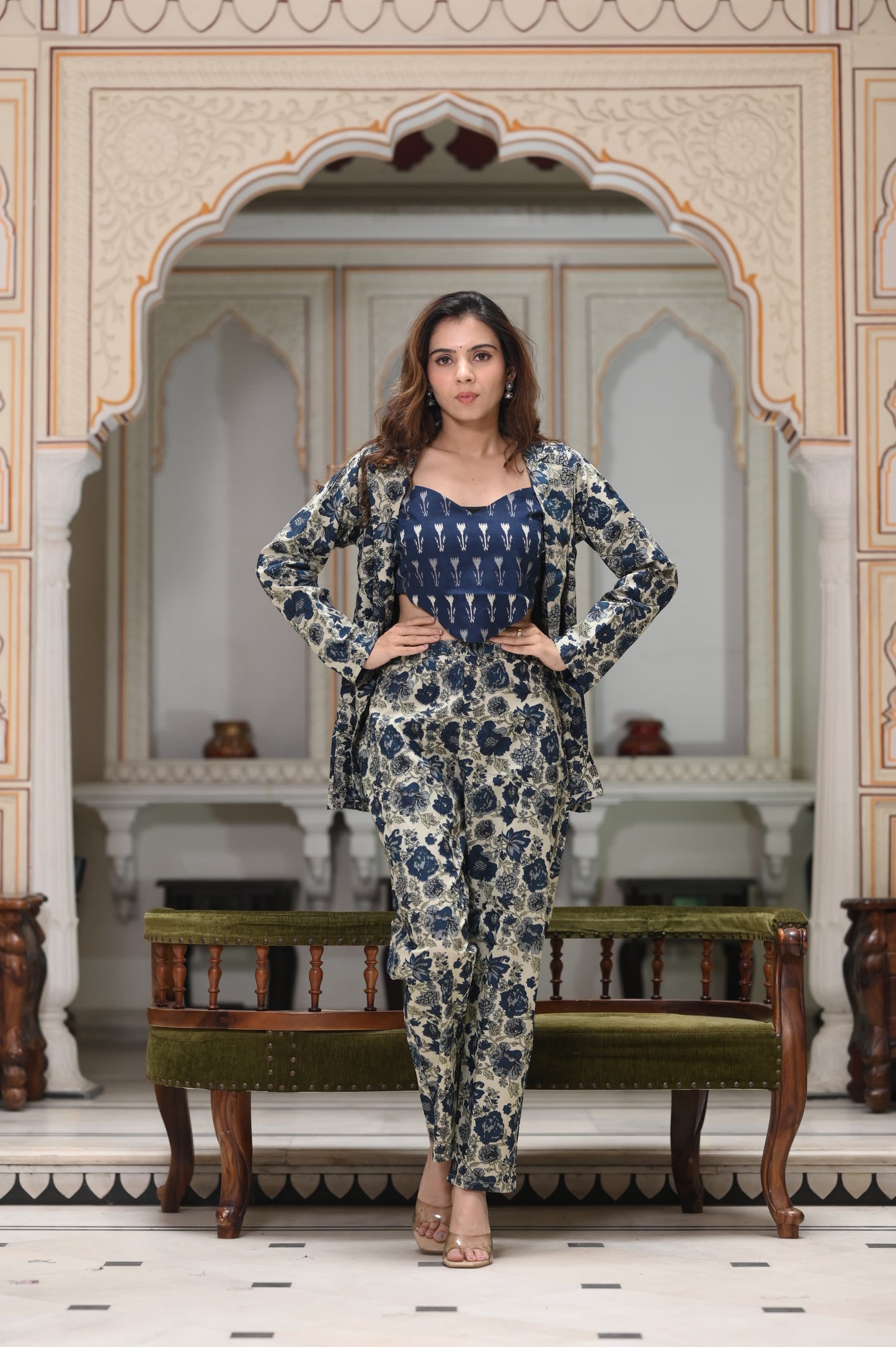 Blue Flower Coat & Trousers Set For Women