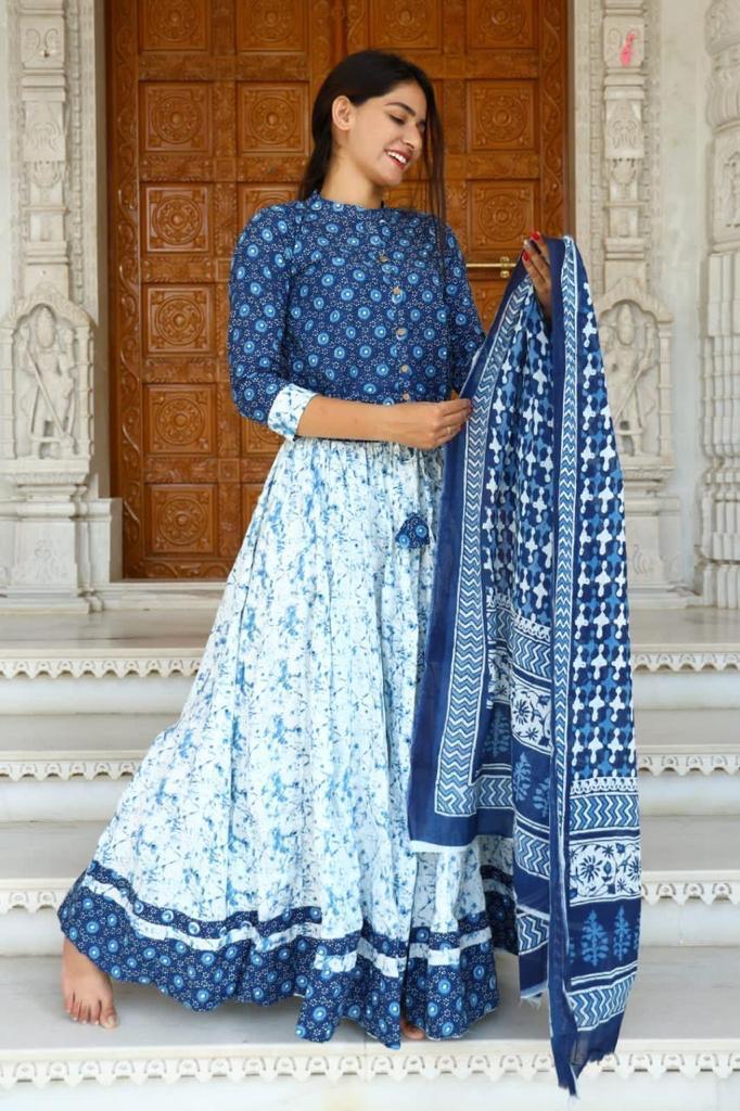 Mul Cotton Lehenga Set white and Indigo