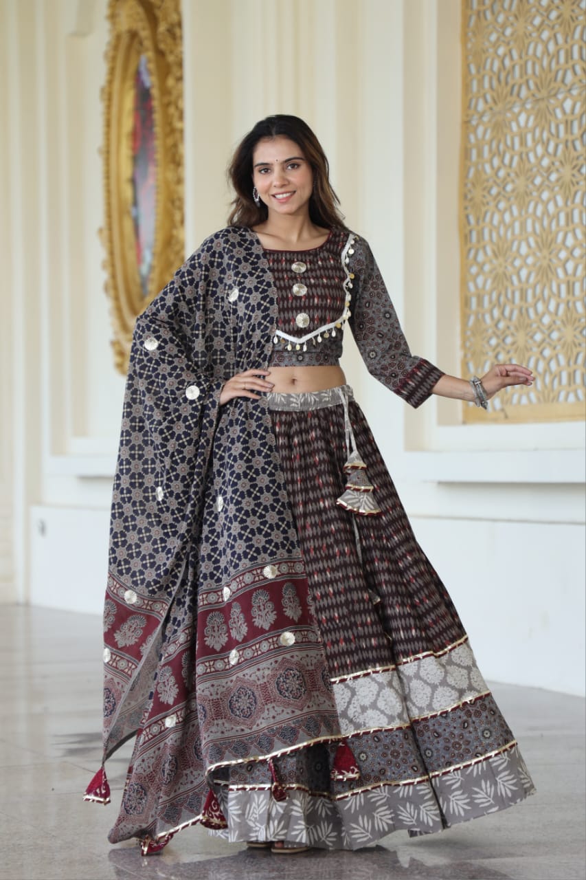 Neutral Shade Mul Cotton Lehenga Set with Block prints